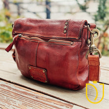 Load image into Gallery viewer, Washoe Lake leather crossbody back view with brass swivel snap hook and adjustable leather strap tab