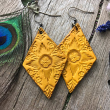 Load image into Gallery viewer, Yellow Diamond Hand Tooled Leather Earrings