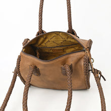 Load image into Gallery viewer, Reata leather barrel satchel in Caramel, open zip top showing printed fabric lining and interior zip pocket