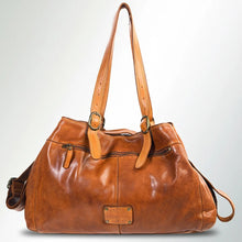 Load image into Gallery viewer, Front of the Avalon tan Italian leather shoulder tote with two zip pockets and embossed brand plate