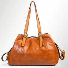 Load image into Gallery viewer, Back of the Avalon tan Italian leather shoulder tote with buckled straps and crossbody strap