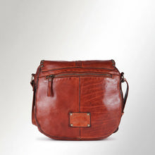 Load image into Gallery viewer, Back of cognac leather saddle crossbody with zip pocket