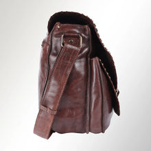 Load image into Gallery viewer, Side view of dark brown leather saddle crossbody showing the strap and gusset