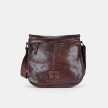 Load image into Gallery viewer, Back of dark brown leather saddle crossbody with zip pocket