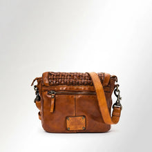 Load image into Gallery viewer, Back of the Lucca cognac Italian leather crossbody with zip pocket and woven flap edge