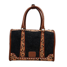 Load image into Gallery viewer, Josey black floral-embossed leather speedy bag with hand-tooled cognac trim and NFR charm