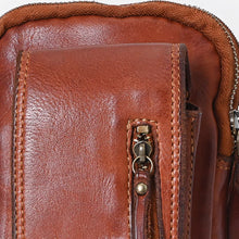 Load image into Gallery viewer, Close-up of the vertical zip pocket and stitched edges on cognac Italian leather