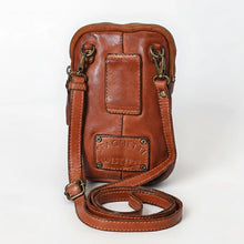 Load image into Gallery viewer, Back of cognac leather phone crossbody with belt loop and swivel strap clips