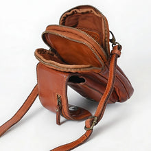 Load image into Gallery viewer, Cognac leather phone crossbody opened to show two fabric-lined zip compartments