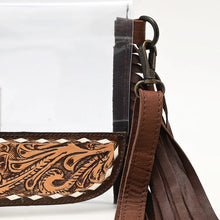 Load image into Gallery viewer, Close-up of Two Step hand tooled scrollwork, white diamond buckstitch, swivel clip and leather fringe