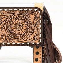 Load image into Gallery viewer, Close-up of the hand tooled horse head, sunflower and scrollwork carving on the Palomino clear crossbody flap
