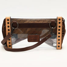 Load image into Gallery viewer, Palomino clear crossbody purse back view with studded tan side panels, swivel clips and leather strap