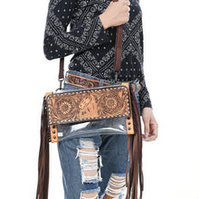 Load image into Gallery viewer, Palomino hand tooled horse flap clear crossbody worn at the hip with long brown fringe