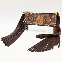 Load image into Gallery viewer, Palomino hand tooled leather horse fringe clear crossbody purse with adjustable strap, angled view