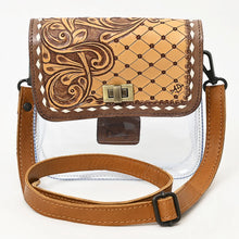 Load image into Gallery viewer, Trellis clear PVC crossbody purse with hand tooled quilted lattice and floral scroll flap and brass twist lock