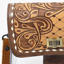 Load image into Gallery viewer, Close-up of Trellis hand tooled floral scrollwork, quilted lattice, white buckstitch and brass twist lock