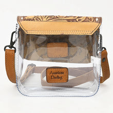 Load image into Gallery viewer, Trellis clear crossbody purse back view showing tooled flap edge, swivel clips and leather strap
