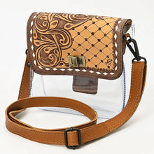 Load image into Gallery viewer, Trellis quilted hand tooled leather clear crossbody purse with adjustable tan leather strap, angled view
