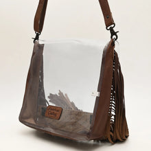 Load image into Gallery viewer, Curtain Call clear crossbody purse angled back view with leather sides and side fringe