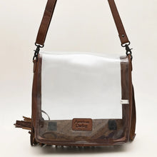Load image into Gallery viewer, Curtain Call clear crossbody purse back view with brown leather trim and adjustable strap