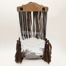 Load image into Gallery viewer, Curtain Call clear crossbody purse with flap open to show the hook-and-loop closure and interior