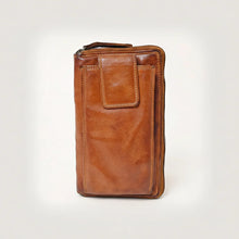 Load image into Gallery viewer, Front of cognac Italian leather phone wallet with tab-top phone pocket and stitched edges