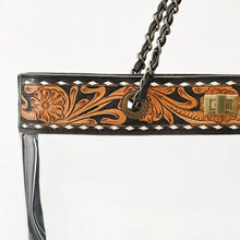 Load image into Gallery viewer, Close-up of the Midnight Bloom hand tooled floral band with white buckstitch, grommet and brass twist lock