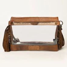 Load image into Gallery viewer, Brass Tacks clear crossbody purse in Tan, back view with leather trim and fringe
