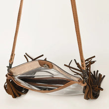 Load image into Gallery viewer, Brass Tacks clear crossbody purse in Tan, open to show the snap closure and interior