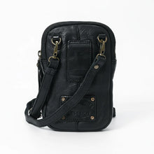 Load image into Gallery viewer, Back of black leather phone crossbody with belt loop and swivel strap clips