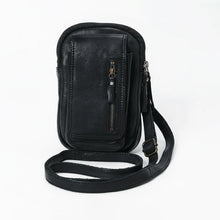 Load image into Gallery viewer, Front of black Lainey Italian leather phone crossbody with front pocket and vertical zip