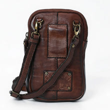 Load image into Gallery viewer, Back of dark brown leather phone crossbody with belt loop and swivel strap clips