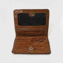 Load image into Gallery viewer, Inside of brown woven leather bifold wallet with mesh ID window, stacked card slots, and snap closure