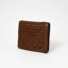 Load image into Gallery viewer, Brown vegetable-tanned woven leather wallet standing at an angle