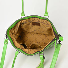 Load image into Gallery viewer, Inside the Maple Creek green tote showing zip-top opening, printed lining, interior zip pocket and slip pockets