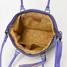 Load image into Gallery viewer, Inside the Maple Creek purple tote showing zip-top opening, printed lining, interior zip pocket and slip pockets