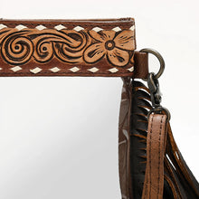 Load image into Gallery viewer, Close-up of the hand tooled floral band, white buckstitch and swivel clip on the Brown Brass Tacks purse
