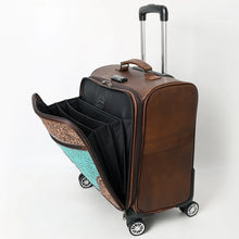 Load image into Gallery viewer, Charlton brown leather travel case with hand-tooled floral carving and turquoise crocodile embossed panel