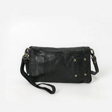 Load image into Gallery viewer, Back of black leather organizer crossbody with slip pocket and wrist strap