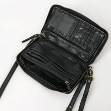 Load image into Gallery viewer, Inside of black leather organizer crossbody with ID window, card slots, bill sections, and zip coin pocket