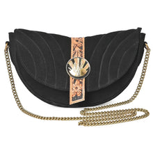 Load image into Gallery viewer, Sundown quilted black suede crescent crossbody with hand-tooled floral strap and saguaro sunburst concho