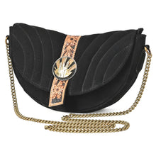 Load image into Gallery viewer, Sundown quilted suede crossbody with tooled strap and antique brass chain, angled view