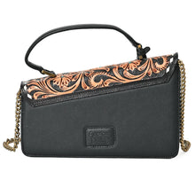 Load image into Gallery viewer, Back of the Domino messenger in black pebbled leather with antique brass chain strap