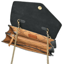 Load image into Gallery viewer, Domino messenger open, showing the suede flap underside, magnetic snap, divided compartments and zip pocket