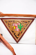 Load image into Gallery viewer, Close-up of the Saguaro Sunrise hand tooled triangle panel with hand-painted saguaro cactus and rising desert sun