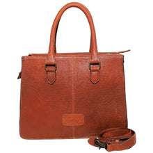 Load image into Gallery viewer, Back view of the Brazos leather tote showing the plain pebbled full-grain leather panel with the debossed American Darling patch and rolled handles