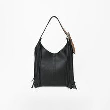 Load image into Gallery viewer, Melby black leather hobo bag with white embroidered rearing stallions and black fringe