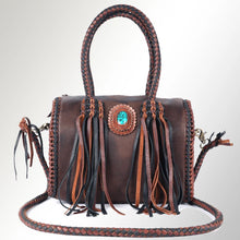 Load image into Gallery viewer, Reata leather barrel satchel in Espresso & Black, front view with turquoise concho, black and cognac fringe, and two-tone braided crossbody strap