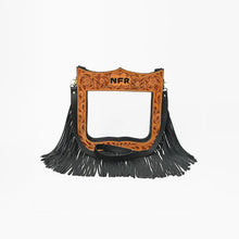 Load image into Gallery viewer, Reba Official PRCA & NFR Licensed Collection®️ Floral Hand-Tooled Leather Frame Clear Stadium Fringe Crossbody Bag
