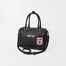 Load image into Gallery viewer, Pozzi black pebbled leather NFR speedy bag with embroidered PRCA shield patch and removable strap